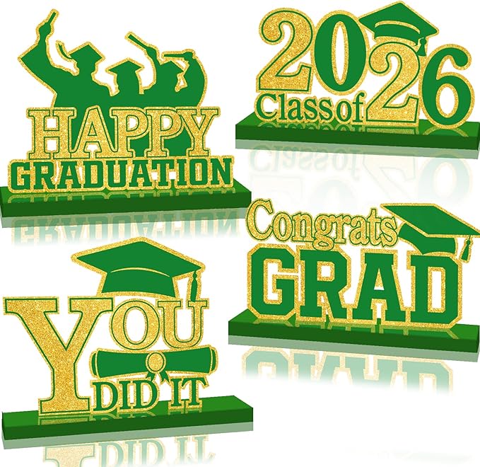 4Pcs Graduation Decorations Class of 2026 Wood Table Centerpieces Congrats Grad Wooden Sign Graduation Table Toppers Congratulate Tiered Tray Decor for 2026 Graduation Party (Green-Gold)