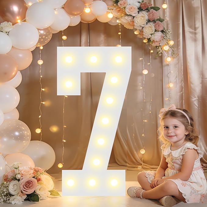 Pooqla 2.4FT Light Up Numbers, Marquee Numbers 2.4 Feet Tall Party Decor for Her Him, Mosaic Big Sign for 7th 17th 70th Birthday Anniversary Decoration Backdrop, Large Pre-Cut Frame Number 7