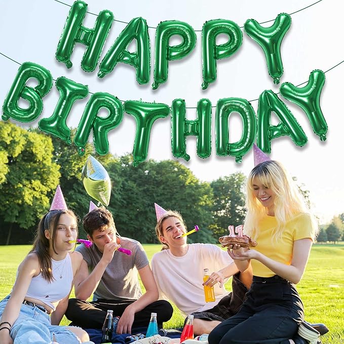 KALOR Green Happy Birthday Balloons Banner, 16 Inch Mylar Foil Letters Balloon Sign for Birthday Party Decorations Photo Booth Backdrop