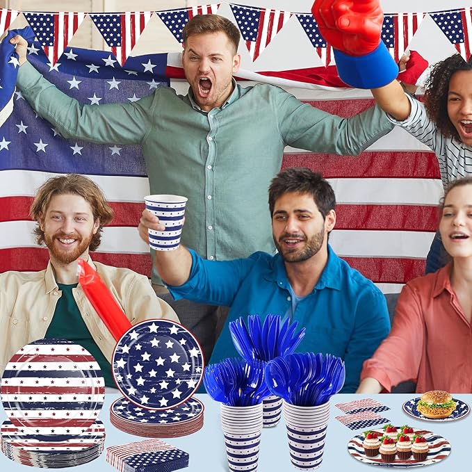 OuMuaMua Patriotic Party Supplies 184 Pcs American Flag Themed Tableware Set 4th of July Disposable Paper Plates Napkins Cups and Banner for Independence Day Memorial Day Party Decorations Serves 25