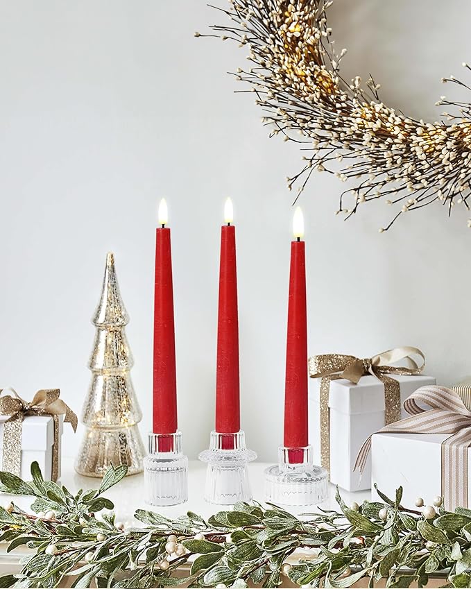 Red Real Wax LED Flameless Taper Candles with Remote and Timer, 9.65 Inch Flameless Candlesticks, Dripless Battery Operated Candles with 3D Flickering Flame - Set of 6