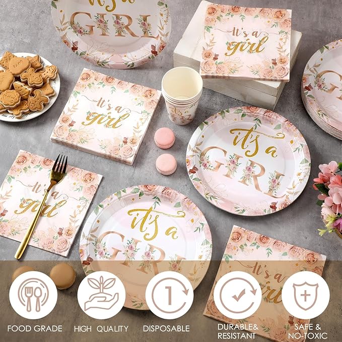 200 Pcs Floral Baby Shower Paper Plates Napkins Cups Baby Shower Party Supplies Tableware Set Rose Gold Disposable Cup Napkin for 50 Guest Girls Spring Party Decoration
