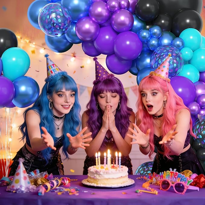 Amandir 153pcs Black Purple Blue Balloon Arch Garland Kit, Different Sizes 18 12 10 5 inch Confetti Teal Metallic Blue Purple Balloons for Video Outer Space Themed Shower Birthday Party Decorations