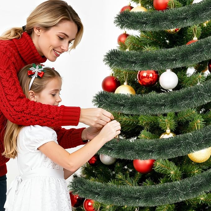 50FT Green Christmas Tinsel Garland, Artificial Greenery Garland for Tree Decorations, Faux PVC Soft Metallic Tinsel Twist Garlands for Xmas Home Indoor Decor