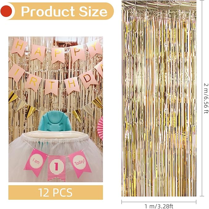 12 Pack Champagne Gold Foil Curtain Backdrop 3.2ft x 6.6ft Metallic Tinsel Fringe Backdrop Curtains Streamer Photo Booth for Birthday Engagement Bachelorette Christmas Holiday Party Décor