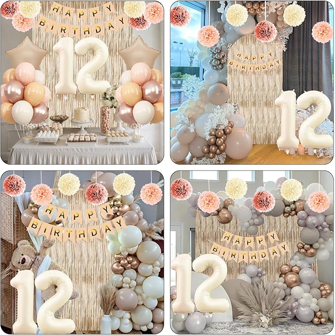 Beige 12th Birthday Decorations Girls Boys Cream Number 12 Balloon Nude Gold Happy Birthday Banner Fringe Curtain Paper Pom Poms Blush White Sand Champagne Star Foil Balloons Neutral Boho Party Decor