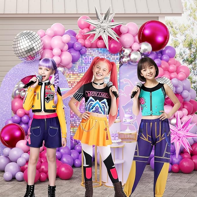 JOGAMS 172Pcs K-Pop Music Balloon Arch Kit, Metallic Silver Purple Pink Balloons Garland with Iridescent Star Disco Foils Balloons for Concert-Style Birthday Idol Showcase Fan Support Party Decor