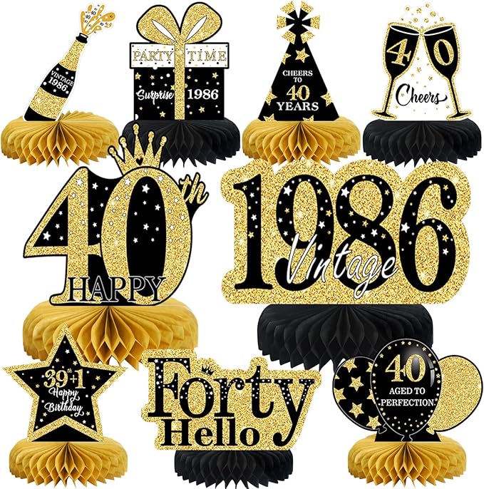 9 Pcs 40th Birthday Decorations Honeycomb Centerpieces for Women Men, Black Gold 1986 Aged to Perfection Vintage Centerpieces for Tables Toppers,Forty Years Party Decorations Supplies