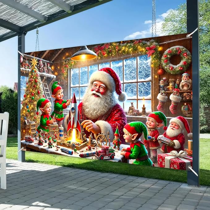 Christmas Banner Santa Claus Elves Workshop Rocket Toy Christmas Tree Stockings Garland Winter Snow Scene 71x43 Inches Indoor Outdoor Holiday Party Decoration