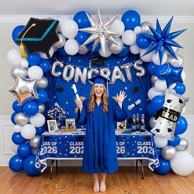 Royal blue Themed Graduation Balloon Garland Arch Kit with Foil caps diplomas congrats letters stars for class of 2026 Graduation party decorations Grad congratulations Prom party Grad ceremony decor