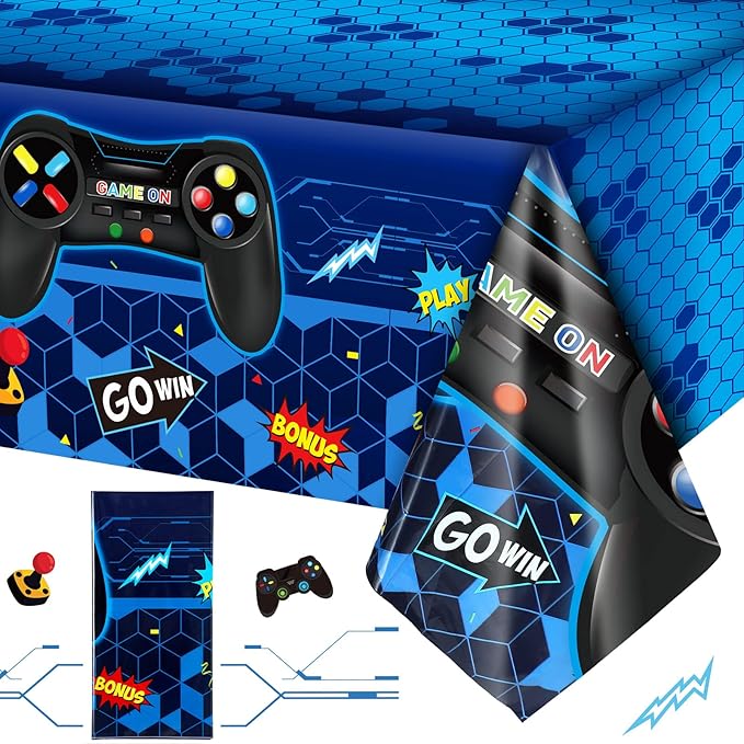Tatuo 1 Pcs Video Game Table Cover, Game Theme Birthday Decoration Plastic Table Cloth Party Supplies for Boys Girls Kids Player Geek Party Decorations, 54 x 108 Inch (Blue)