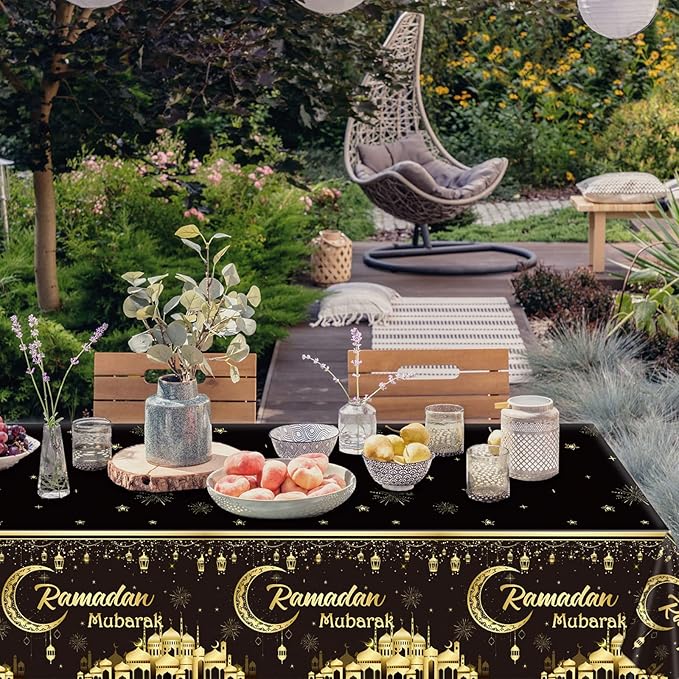 1PC Ramadan Mubarak Tablecloths Eid Mubarak Table Decorations Ramadan Kareem Party Supplies Black and Golden Rectangle Table Cover for Eid Al-fitr Party Favors
