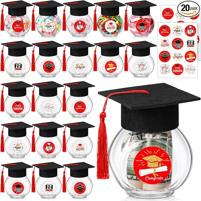 20 Sets Glass Graduation Cap Candy Jars Class of 2026 Graduation Party Decorations Candy Boxes Containers with Sticker for 2026 Grad Ceremony Party Supplies DIY(Red and Gold)