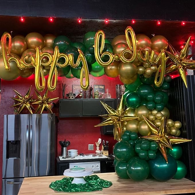 201Pcs Green and Gold Balloon Arch Kit, Explosion Star Emerald Dark Green Metallic Gold Latex Balloon Garland Kit, Different Size Balloons for Birthday Baby Shower Jungle Party Decoration
