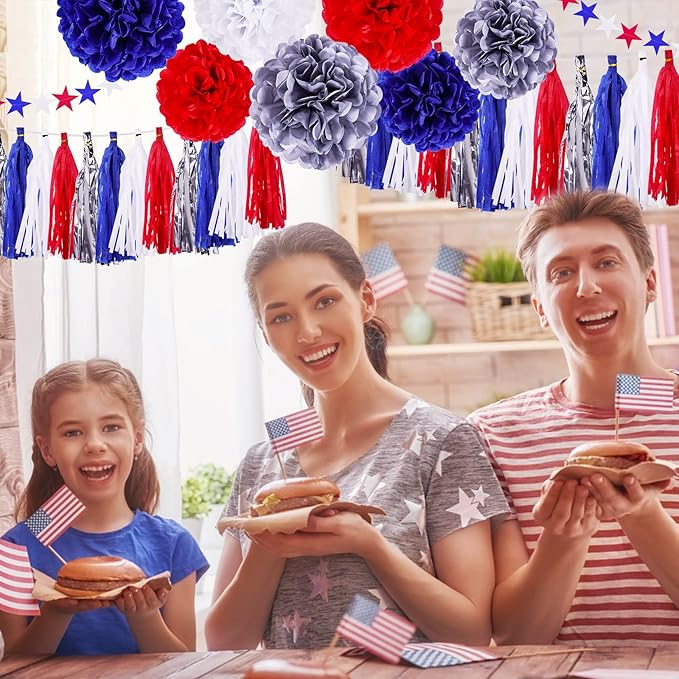 30PCS 4th of July Patriotic Party Decorations, Hanging Tissue Paper Pom Poms Flowers, Red White Blue Tassels Garland Star Streamers, Memorial Day Backdrop Independence Day Party Supplies
