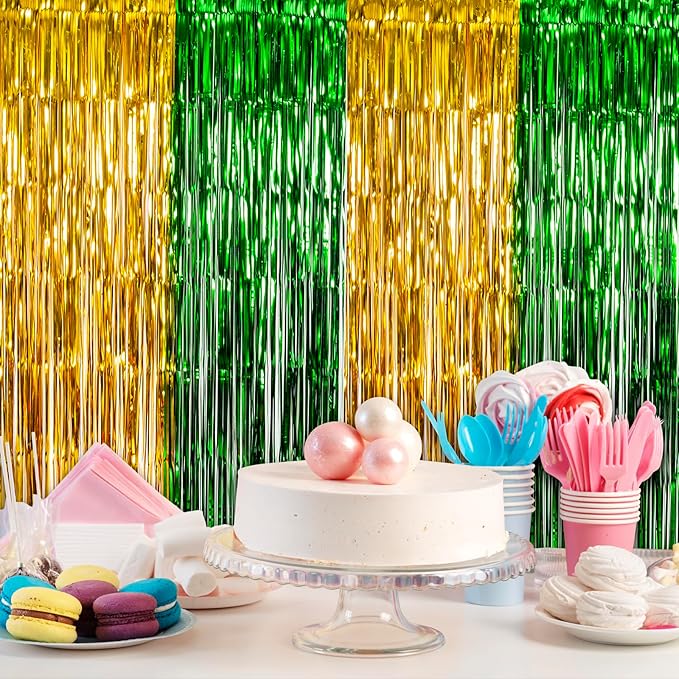 LOLStar Graduation Party Decoration, 2 Pack Green and Gold 3.3x6.6 ft Foil Fringe Curtains, Tinsel Backdrop, Graduation Photo Booth Prop Streamer Backdrop for Class of 2026, Prom and Grad Party Decor