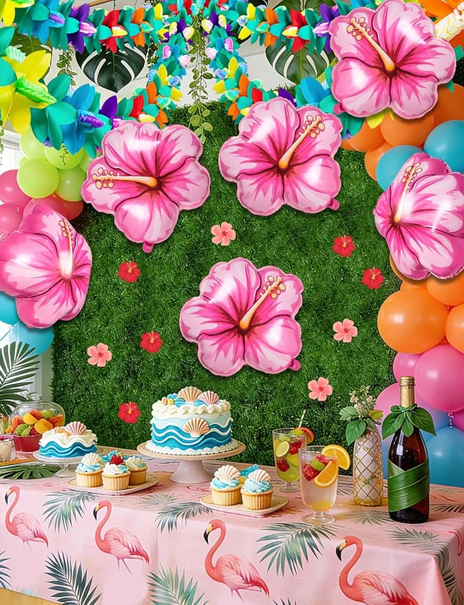 10Pcs Tropical Hibiscus Foil Balloons, Pink Hibiscus Flowers Balloon for Magic Theme Summer Hawaiian Luau Aloha Birthday Party Decorations