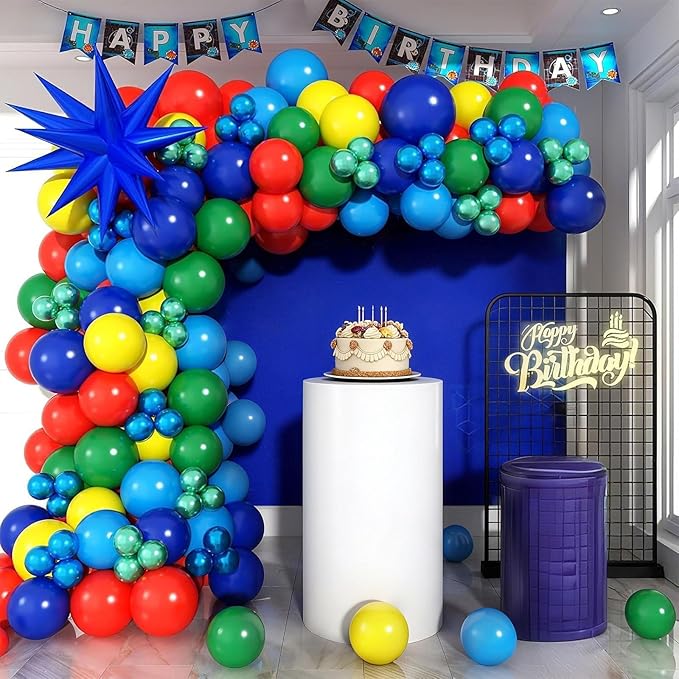 Red Blue Yellow Green Balloons Garland Arch Kit Primary Colors Balloon Arch with Explosion Star Foil Balloons Metallic Blue Green Balloon for Carnival Party Decorations