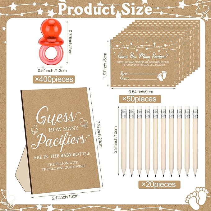 Syhood Kraft Baby Shower Games Guess How Many Pacifiers Rustic Game Sign 50 Small Guessing Games 20 HB Pencils 750 ml Milk Bottle 400 Acrylic Pacifiers Decorations Guests Gender Reveal Party Favors
