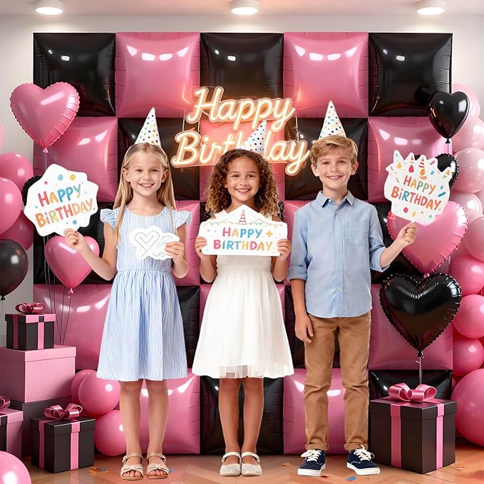 50Pcs Pink and Black Square Foil Balloons Wall Backdrop, Double Sided Metallic Foil Balloons Tunnel Arch Garland Kit for Photo Booth Birthday Wedding Halloween Christmas Party Decorations
