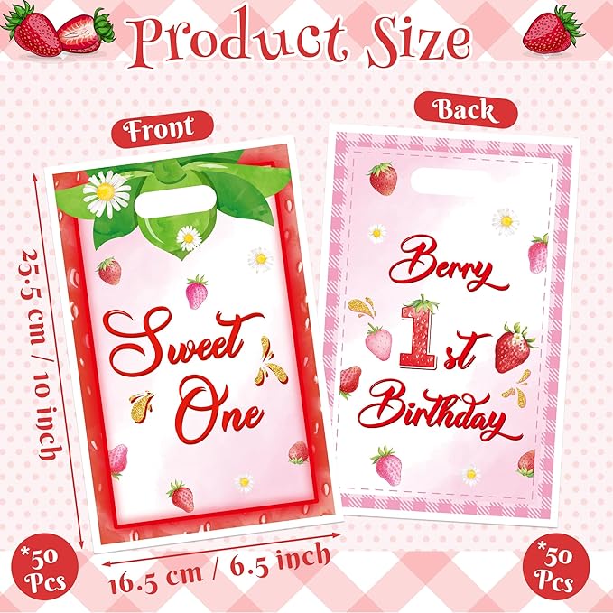ArianQicult Berry First Birthday Party Favor Bags - 50Pcs Strawberry Sweet One Goody Candy Treat Gift Bags 1st Birthday Party Decorations for Kids Boys Girls Baby Shower Party Supplies