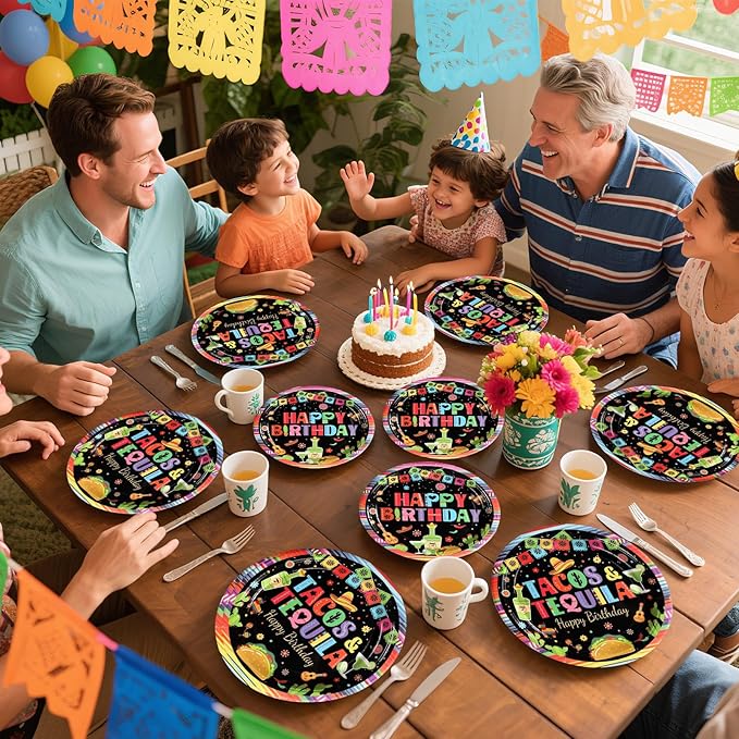 Grencian 96Pcs Taco and Tequila Birthday Party Supplies Mexican Fiesta Paper Plates and Napkins Mexican Colorful Stripe Disposable Tableware Set for Cinco De Mayo Birthday Party Decorations Serves 24