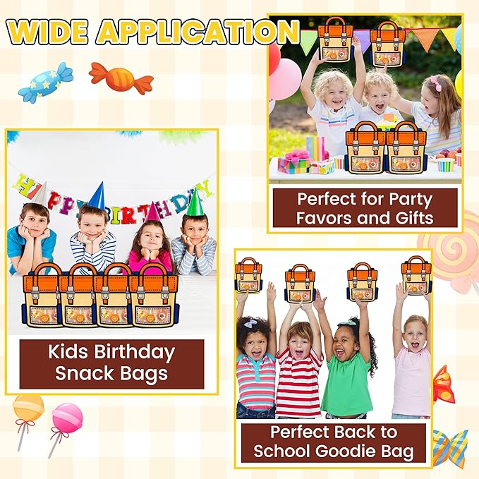 Muitcdo 30 PCS Orange Party Favor Bags for Kids, Children Goodie Bags with Stand-up Bottom, Grip Seal Bulk Gift Bag, Students Treat Bag, Cute Snack Candy Bags for Birthday, Back to School, Classroom