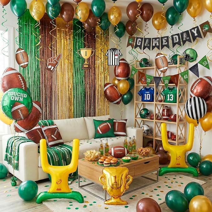 Football Balloons dark green brown Balloons with Banner Hanging Swirl Fringe Curtain Goal Post Football Balloons for Sports Birthday Boys first year touch down party decorations