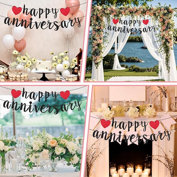 Happy Anniversary Banner, Glitter Wedding Anniversary Romantic Decorations No DIY Banners for Baby Shower Couples Birthday Party New Year(Black)