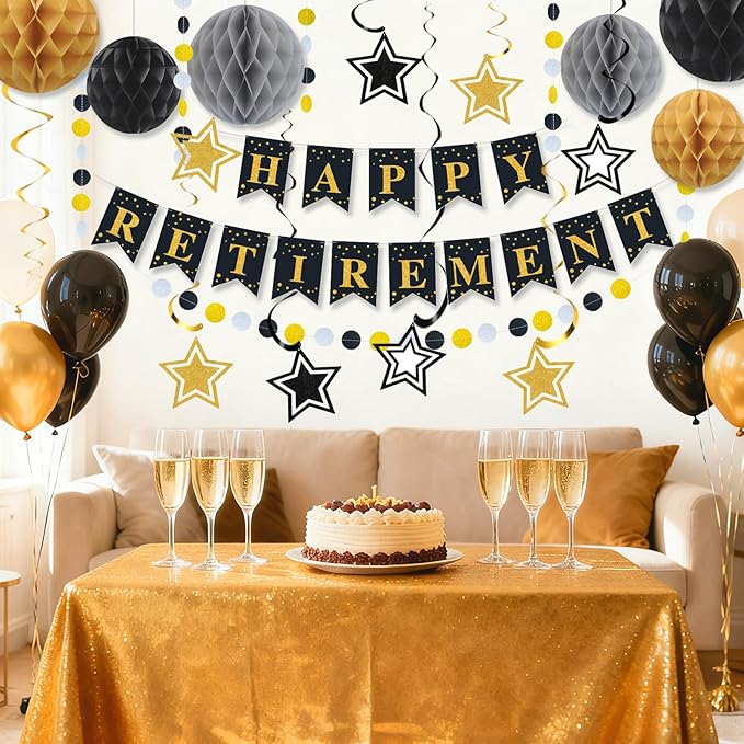 Happy Retirement Party Decorations for Men Women Black Gold Happy Retirement Banner Honeycomb Balls Pentagram Hanging Swirl Streamers Circle Dots Garland