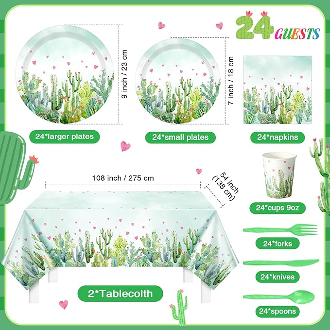 170 Pcs Cactus Party Decorations Supplies 24 Guest Cactus Party Set Disposable Tableware Paper Plate Cup Napkin Fork Knives Spoon for Fiesta Celebration Birthday Taco Decoration (Green)