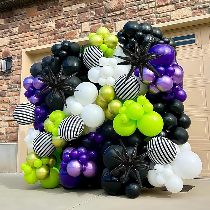 Halloween Balloon Arch Garland Kit, Purple Neon Green Party Decor with Star Spikes & Black and White Stripes Foil Balloons, Black Eyes Green Spooky Balloon for halloween Outdoor Party Decorations