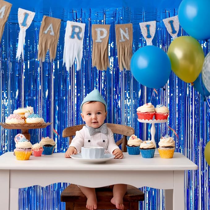 Blue Streamers Party Decorations 3.3x8.2ft, 2 Pack Dark Blue Tinsel Backdrop for Ocean Themed Party Decor, Glitter Blue Foil Fringe Curtains for Door Decorations Hanging Birthday Baby Shower Halloween