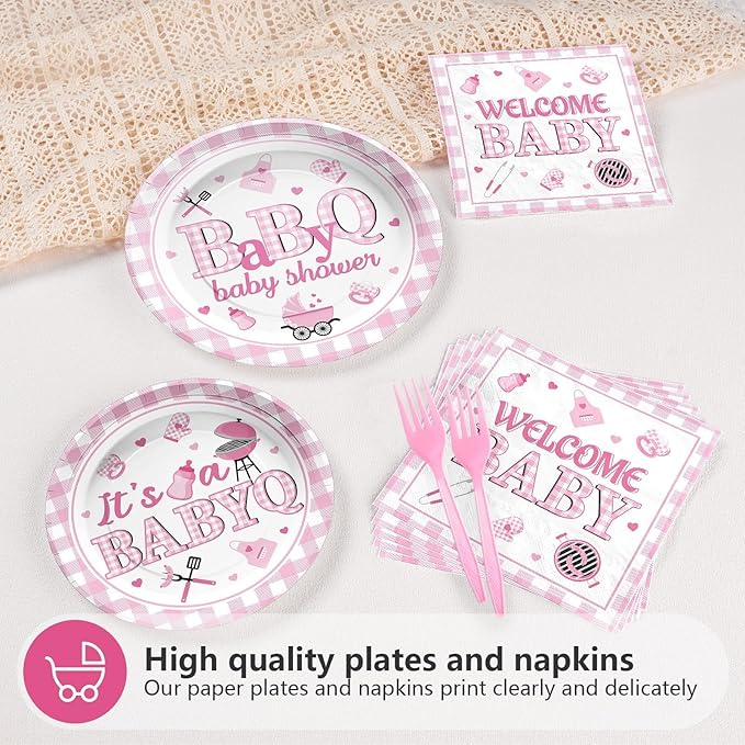 96 Pcs BBQ Baby Shower Decorations It's A BabyQ Paper Plates and Napkins Disposable Pink Gingham Baby Q Party Tableware Set for Girls Barbecue Baby Shower Gender Reveal Picnic Party Supplies Serves 24