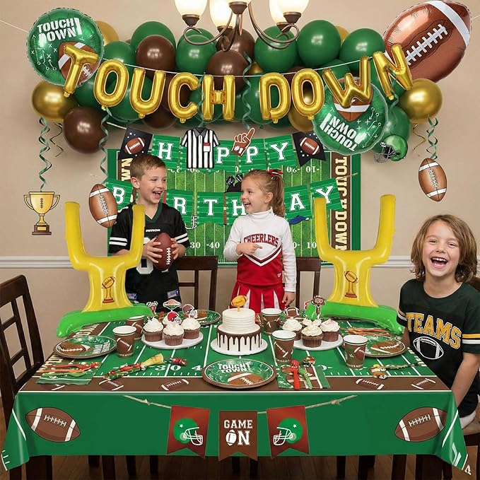 Football Party Decorations Kit & Green Brown Gold Balloons & Goal Post Touchdown Foil Balloons & Banner Backdrop for Boys & Men Sports Theme Major Tailgating Season Celebration Supplies Decorations