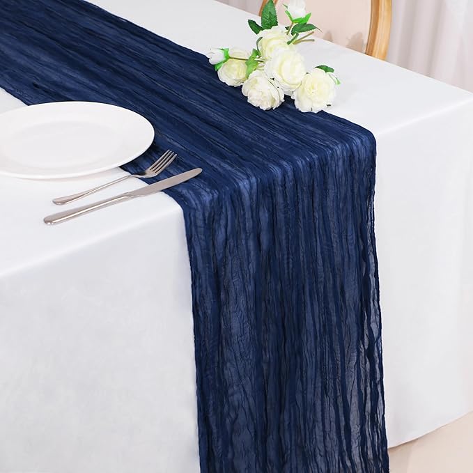 Snowkingdom 6PCS 10Ft Navy Blue Cheesecloth Table Runner, 120inch Long Cheese Cloth Boho Gauze Runner for Wedding Bridal Baby Shower Birthday Holiday Party Sheer Table Decorations