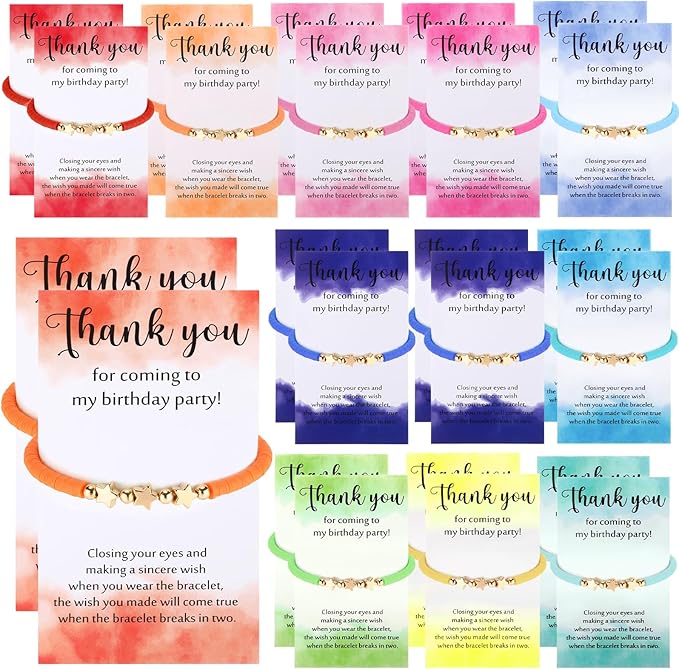 Birthday Party Favor Bracelets Beaded Rainbow Clay Bracelet with Thank You Card Gift for Birthday Party Supplies Bags Suffer with Different Themes(24 Sets,Star)