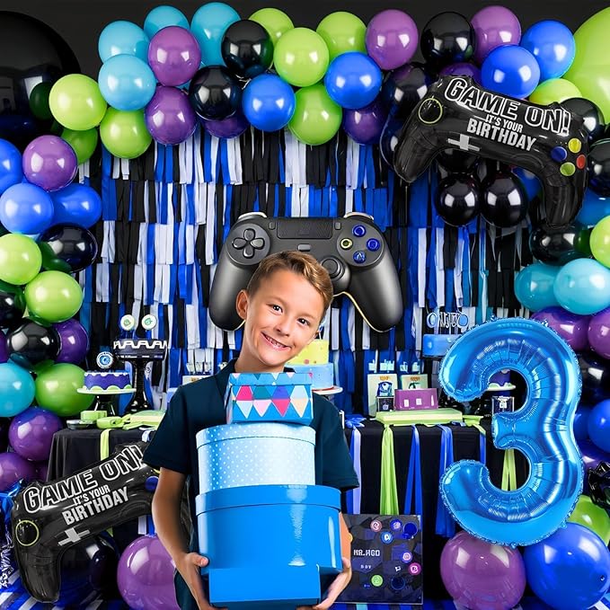 3th Birthday Video Game Balloons Arch, 3th Game Party Balloons Garland Kit 3th Game Birthday Supplies with Blue Number 3 Balloon for 3 Year Old Teens Boys Birthday Decor