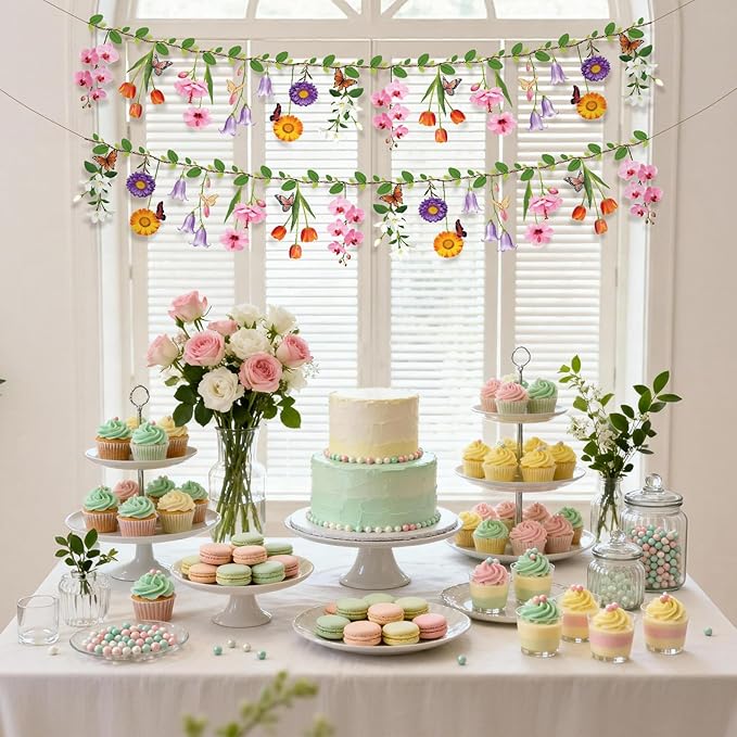 2PCS Flower Banner Reusable Wildflower Garland Floral for Spring Party Enchanted GardenTheme Picnic Wedding Baby Shower Birthday Tea Party Supplies Home Decorations (Pink-Smaller)