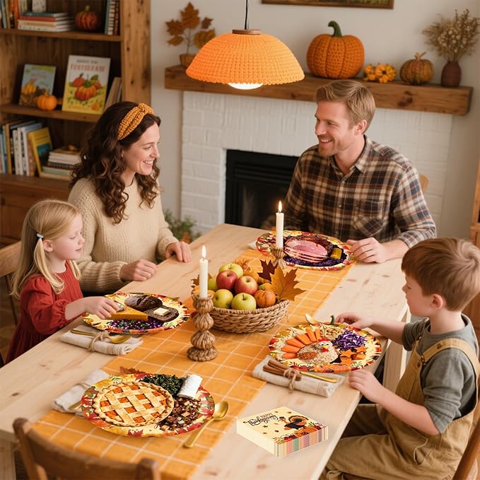 100Pcs Thanksgiving Oval Paper Plates and Napkins Set, 10" x 12" Turkey Designed Party Plates, Large Disposable Dinner Plates for Fall Party and Thanksgiving Day