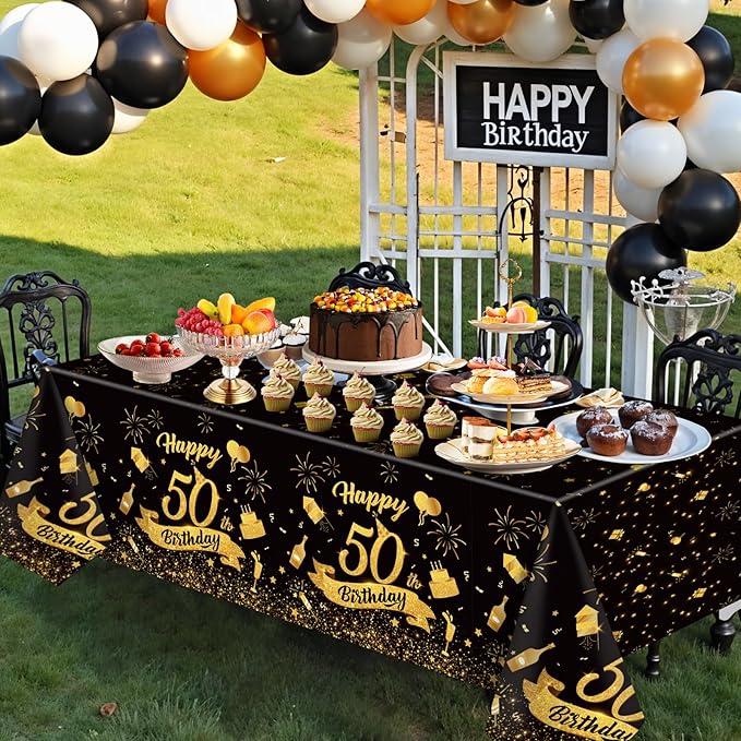 3 Pack 50th Birthday Plastic Tablecloth, 54x108 Inch Black Gold Disposable Rectangle Table Cover Waterproof Table Cloth for Birthday 50 Anniversary Party Supplies