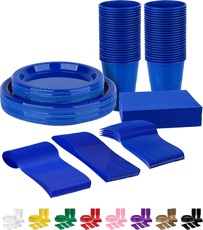 350 Piece BLUE Disposable Dinnerware Set 50 Guests, Plastic Party Plates And Cups And Napkins Sets - 50 Count 9" Dinner Plates, 7" Dessert Plates, 12oz Cups, Paper Napkins, Forks, Knives & Spoons