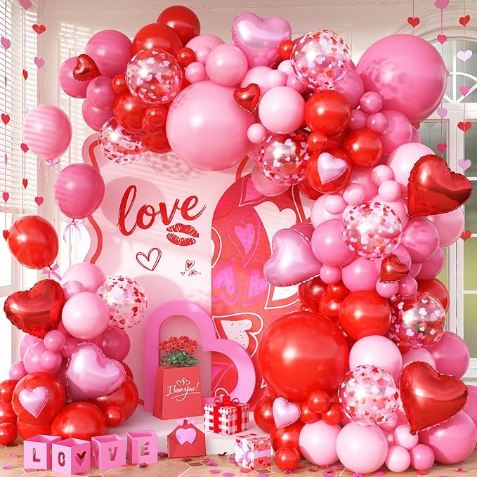 Valentine's Day Balloons Garland Arch Kit, 127Pcs Pink Red Rose Red Balloon with Red Pink Heart Foil Balloon for Valentine's Day Galentines Mother's Day Wedding Engagement Anniversary Party Decoration