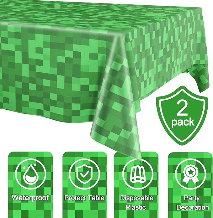 Pixel Miner Tablecloth 2 Packs, Green Plastic Table Cover Disposable Birthday Party Decoration, 54" x 108" Waterproof Tablecloths for Pixel Mining Gaming Themed Birthday Party Decoration Supplies