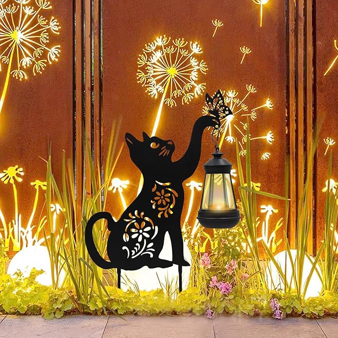 Black Cat Solar Light Outdoor Garden Decor - Metal Cat Holding Lantern Stake, Waterproof Solar-Powered Pathway Light for Yard Pathway Lawn Patio - Unique Gift for Halloween Christmas Garden Decor