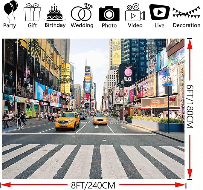 8x6FT NYC Taxi Fashion Street Party Photography Background Time Square Buildings New York Photo Backdrops Adult Portrait Studio Booth Props Banner