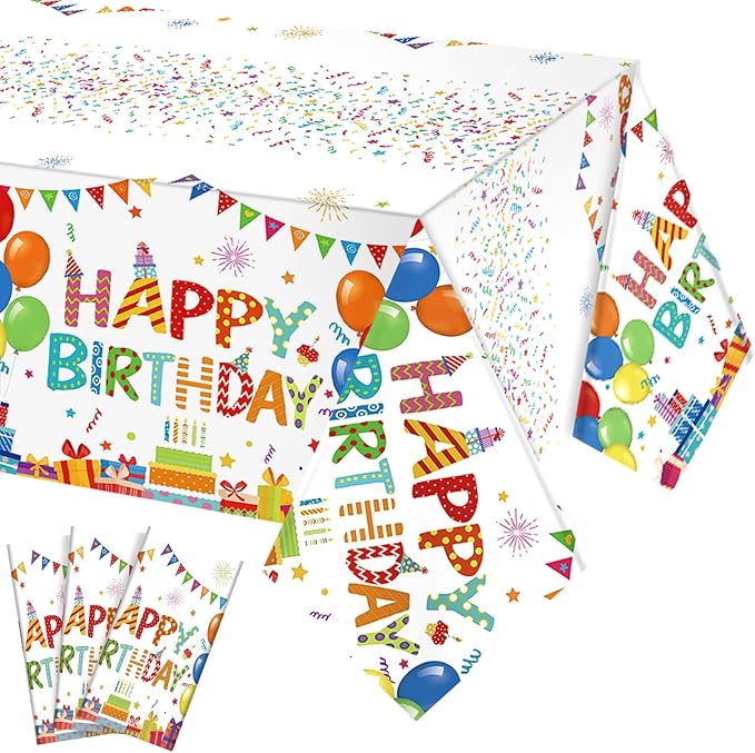 4 Pcs Happy Birthday Tablecloth 54'' x 108'' Disposable Birthday Table Cover Plastic Colorful Balloons for Kid Boy Girl Party Decoration Supplies(White)