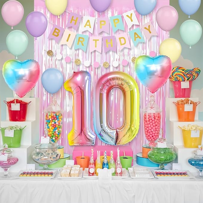 10th Birthday Decorations Rainbow,Gradient Number 10 Balloon,Pastel Happy Birthday Banner Fringe Curtain Heart Foil Balloons Boys Girls 10 Year Old Decor