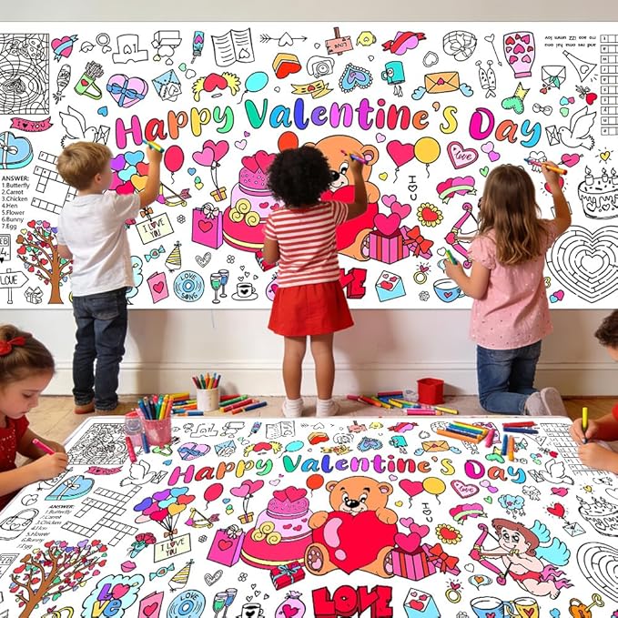 Valentines Coloring Tablecloth/Poster, 3 PCS Valentines Day Gifts for Kids Classroom, Valentines Day Decorations, 72"x30" Giant Paper Coloring Banner Tablecloth Crafts Activities for Party Decorations