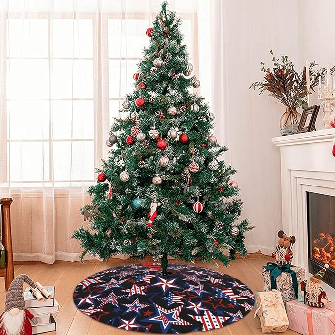 Patriotics American Flag Stars and Stripes Veterans Day Christmas Tree Skirt 4th of July Decorations Christmas Tree Ornaments Holiday Party Indoor Outdoor 48"